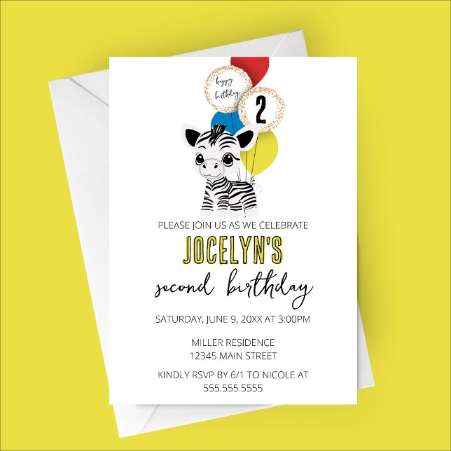 Minimalist Zebra Birthday Party Invitatoin Invitation (Minimalist Zebra Birthday Party Invitation with Multicolored Balloons)