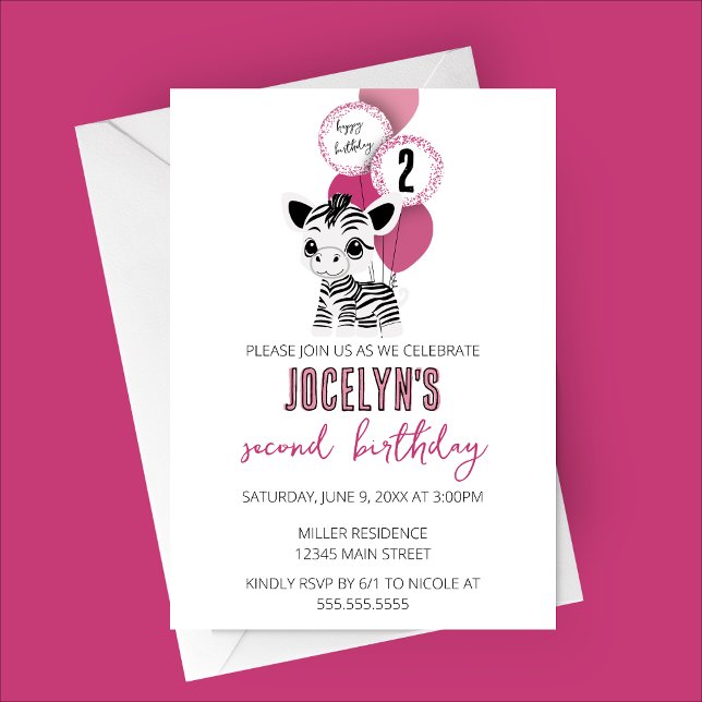 Minimalist Zebra Birthday Party Invitatoin Invitation (Minimalist Zebra Birthday Party Invitation with Pink Balloons)