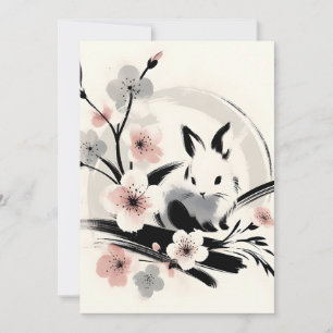Minimalist Zen Ink Bunny Cherry Blossoms Holiday Card