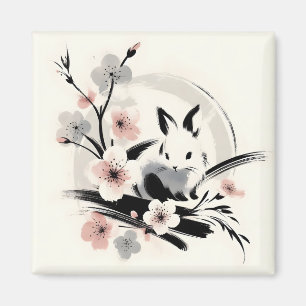 Minimalist Zen Ink Bunny Cherry Blossoms Magnet