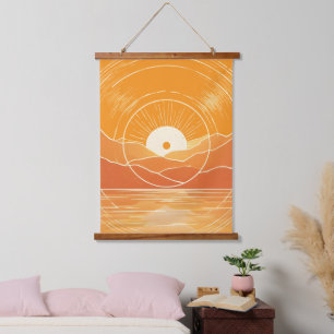 Minimalist Zen Mountain Ocean Retro Sunset Hanging Tapestry
