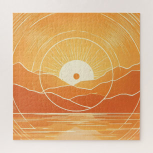 Minimalist Zen Mountain Ocean Retro Sunset Jigsaw Puzzle