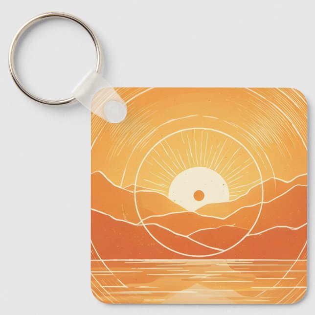 Minimalist Zen Mountain Ocean Retro Sunset Key Ring (Front)