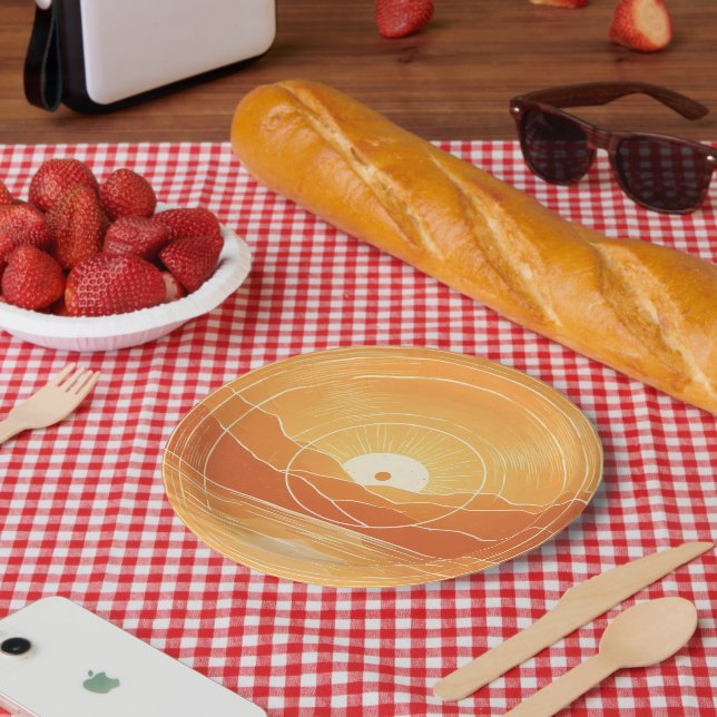Minimalist Zen Mountain Ocean Retro Sunset Paper Plate (Picnic)