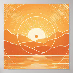Minimalist Zen Mountain Ocean Retro Sunset Poster