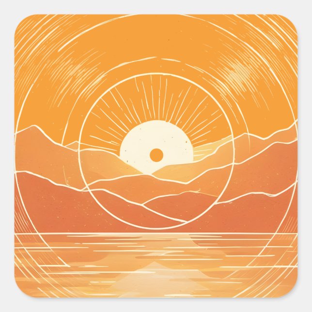 Minimalist Zen Mountain Ocean Retro Sunset Square Sticker (Front)