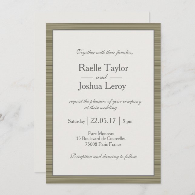 Minimalist zen olive green grey stripes wedding invitation (Front/Back)