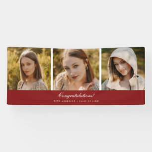 Minimalistic 3-Photo Graduation Party Wine Red Banner