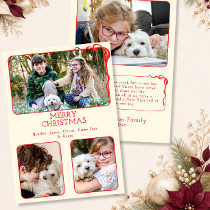 Minimalistic 4 Photo Red Bow Merry Christmas Holiday Card