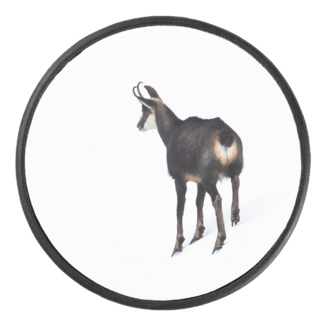 Minimalistic Alpine Chamois mountain goat on snow Hockey Puck (Front)