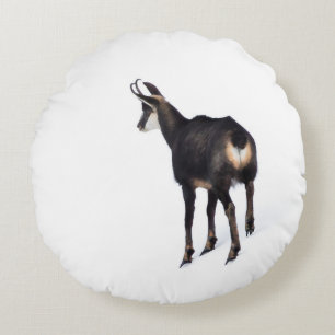 Minimalistic Alpine Chamois mountain goat on snow Round Cushion