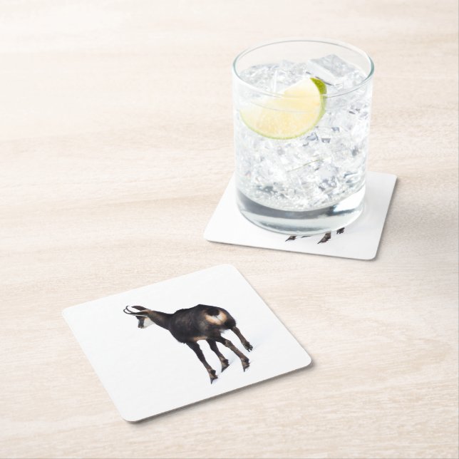 Minimalistic Alpine Chamois mountain goat on snow Square Paper Coaster (Insitu)