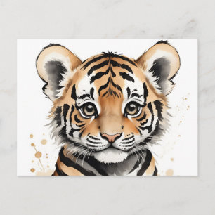 Minimalistic Baby Tiger Face in Ink and Watercolor Postcard