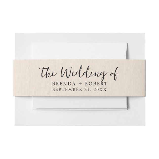 Minimalistic Beige Linen Texture Black Script  Invitation Belly Band (Front Example)