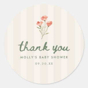 Minimalistic Beige Striped Floral Baby Shower Classic Round Sticker