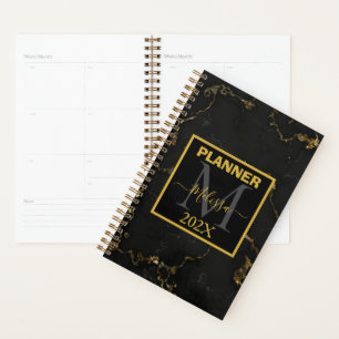 Minimalistic Black and Gold Marbled Monogram Planner