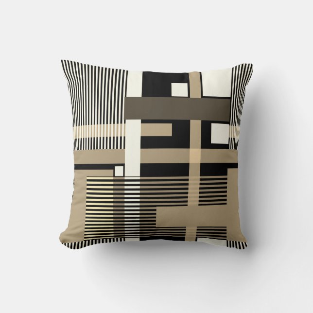 Minimalistic  black beige geometric patchwork  cushion (Front)