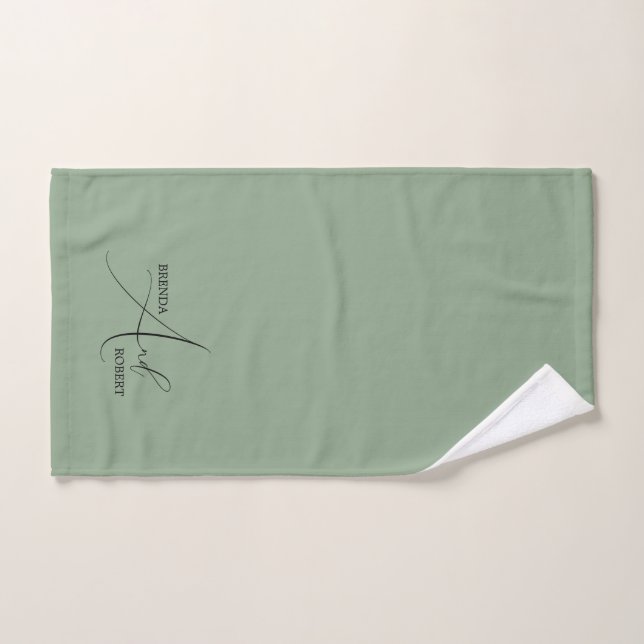 Minimalistic Black Calligraphy on Sage Green Bath Towel Set (Hand Towel)