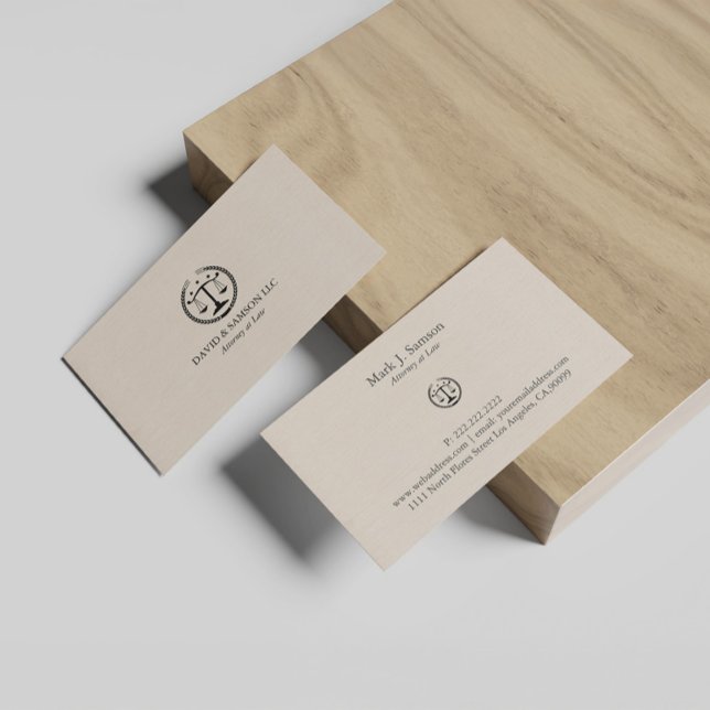 Minimalistic Black Justice Logo On Beige Linen Business Card (Creator Uploaded)