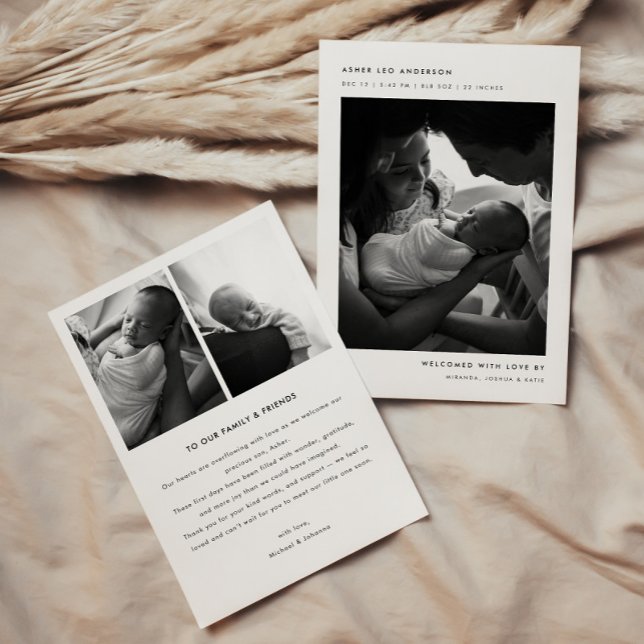 Minimalistic Black & White 3 Baby Photos Birth Announcement (Creator Uploaded)