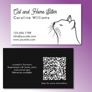 Minimalistic Black White Cat Illustration QR code Business Card