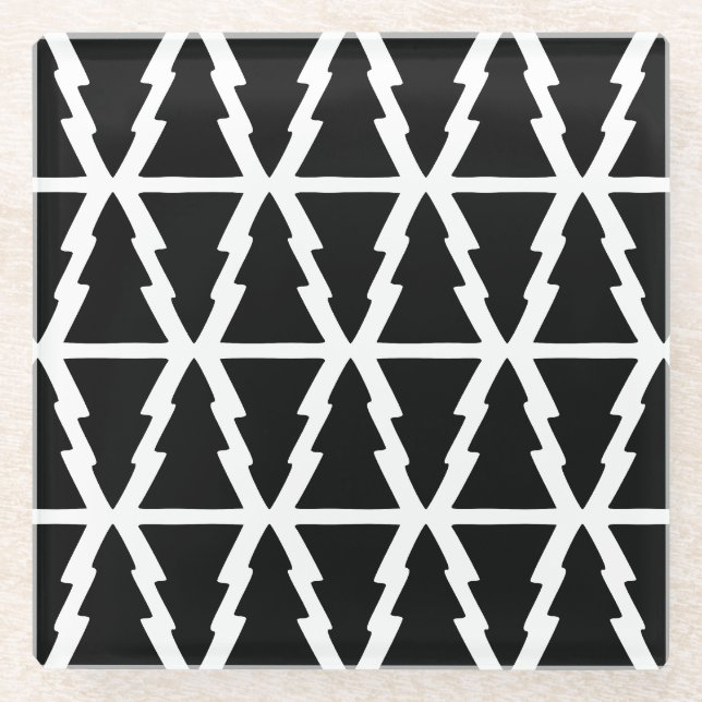 Minimalistic Black & White Christmas Tree Pattern Glass Coaster (Front)