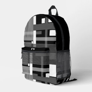 Minimalistic black white grey geometric patchwork printed backpack