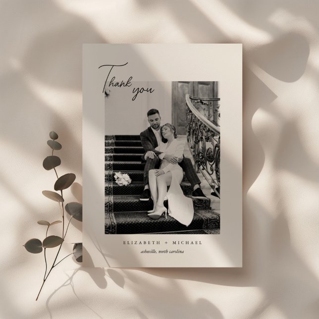Minimalistic Black & White Script Wedding Photo Thank You Card (Creator Uploaded)