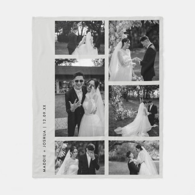 Minimalistic Black & White Wedding Photo Collage  Fleece Blanket (Front)