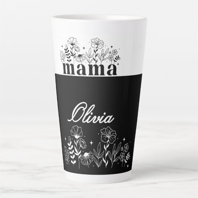 Minimalistic Black & White Wildflower Mama Custom Latte Mug (Front)