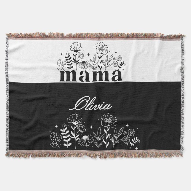Minimalistic Black & White Wildflower Mama Custom Throw Blanket (Front)