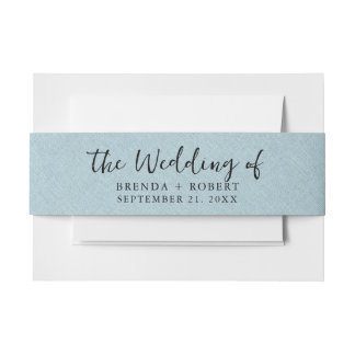 Minimalistic Blue Linen Texture Black Script  Invitation Belly Band