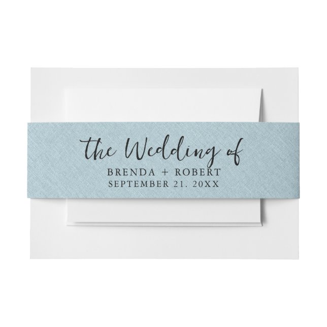 Minimalistic Blue Linen Texture Black Script  Invitation Belly Band (Front Example)