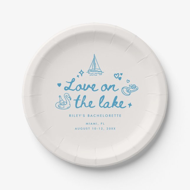 Minimalistic Blue Script Lake Bachelorette Party Paper Plate (Front)