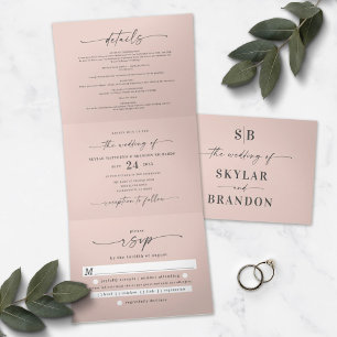 Minimalistic Blush Pink All In One Wedding Photo Tri-Fold Invitation