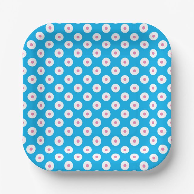 Minimalistic Bright Pink and White Dots on Blue Paper Plate (Front)