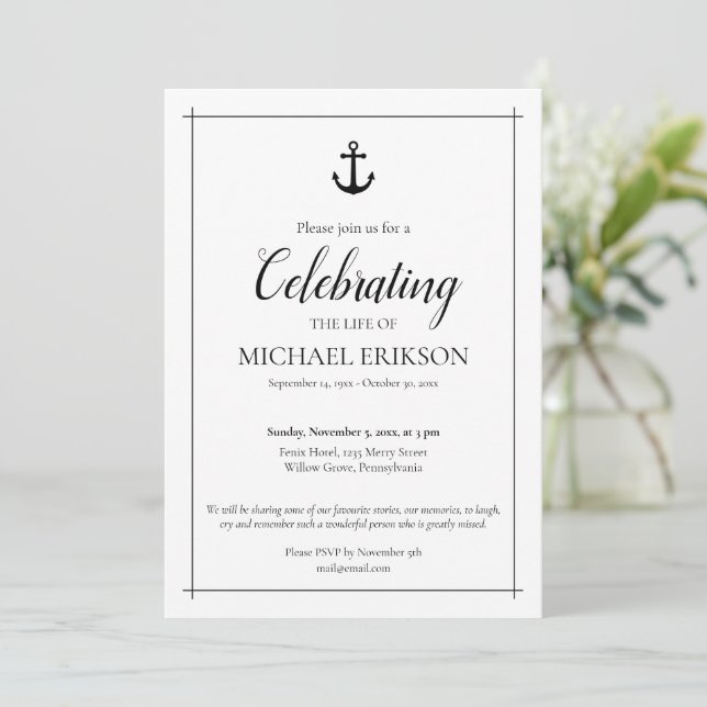 Minimalistic Celebration of Life Anchor Cross Invitation (Standing Front)