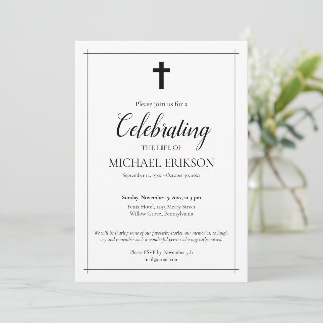 Minimalistic Celebration of Life Latin Cross Invitation (Standing Front)