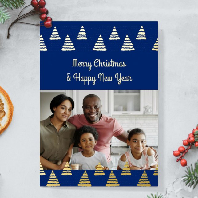 Minimalistic Christmas trees Photo (Minimalistic custom Christmas trees foil card with your photo. Personalize it with image and text.)