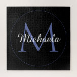 Minimalistic circle modern monogram initial name jigsaw puzzle<br><div class="desc">Minimalistic blue circle modern monogram with blue initial and white name on black. Personalizable custom name with a serif initial behind on a black colour.</div>