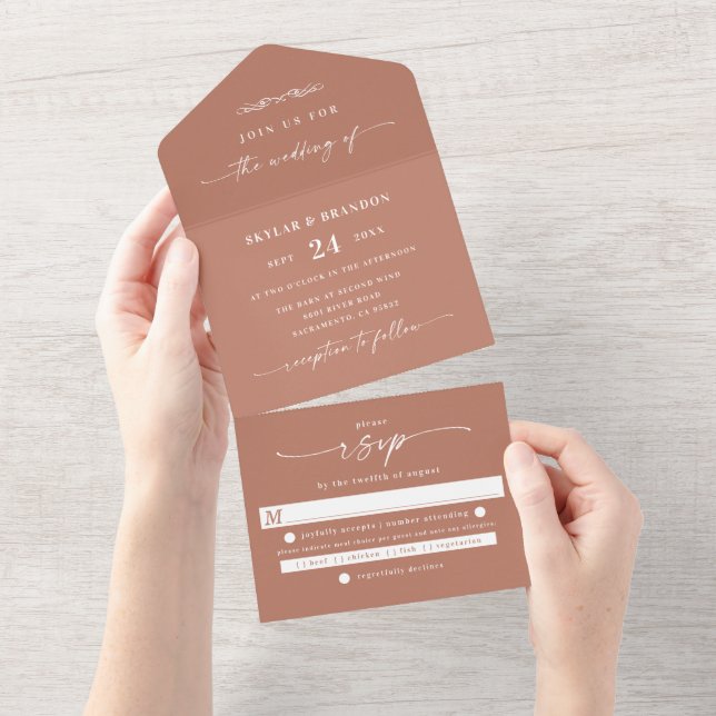 Minimalistic Clay Terracotta Solid Colour Wedding All In One Invitation (Tearaway)