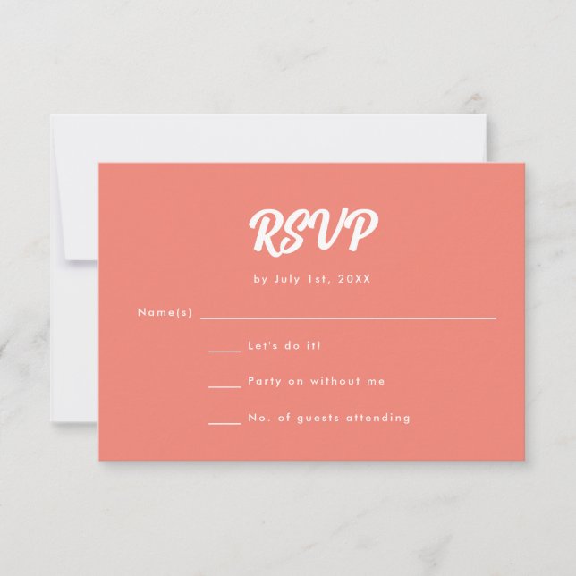 Minimalistic Coral Pink Script Wedding  RSVP Card (Front)