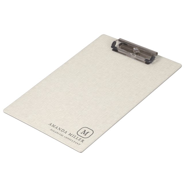 Minimalistic Cream Linen Texture Gray Typography Clipboard (Angled)