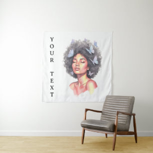 Minimalistic Custom Watercolor Afro Girl butterfly Tapestry