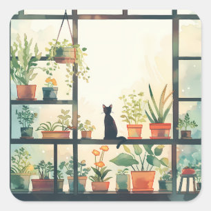 Minimalistic Cute Black Cat and Plants Near Window Square Sticker