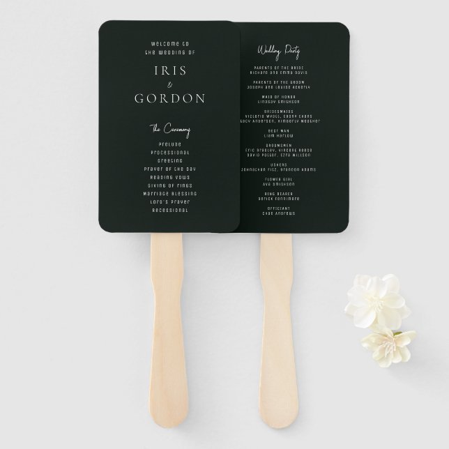 Minimalistic Dark Green Custom Wedding Program Hand Fan (Front and Back)