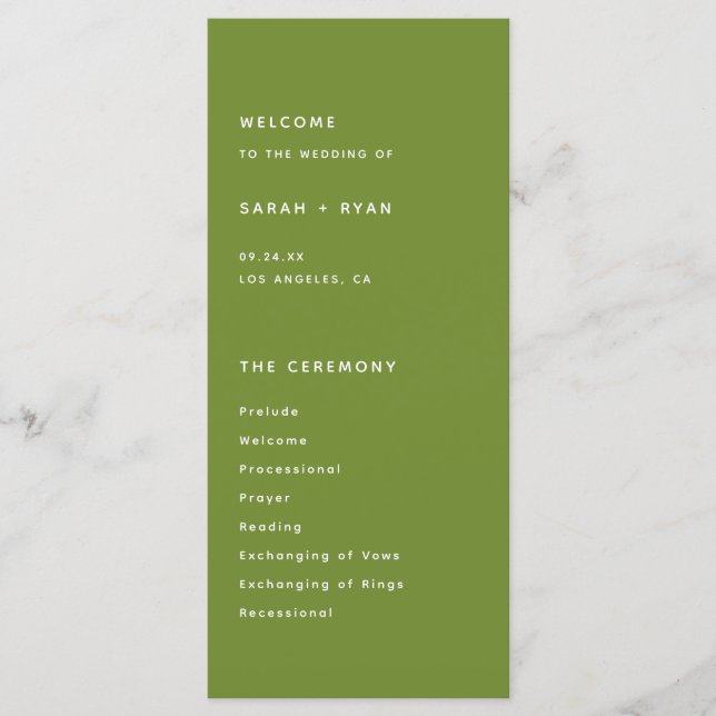 Minimalistic Dark Olive Green Wedding Ceremony Programme (Front)
