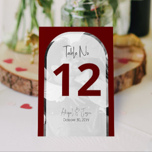 Minimalistic Deep Burgundy Arched Photo Wedding Table Number