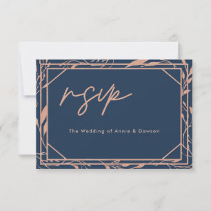 Minimalistic & Elegant Navy Rose Gold Wedding RSVP Card