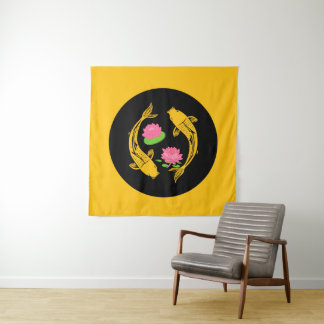 Minimalistic Fish Koi Swirl With Water Lillies Tapestry